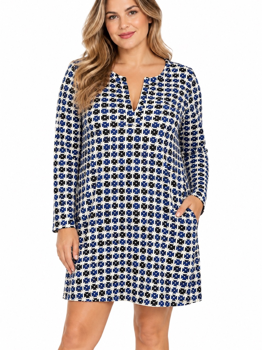 Diane von Furstenberg Abstract V-Neck Long Sleeve Dress Blue Black White Size 14